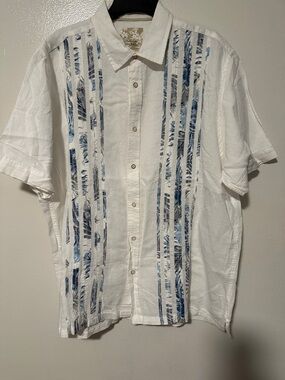 Tasso Elba White Short-Sleeve Button-Down Shirt with Blue Vertical Stripes